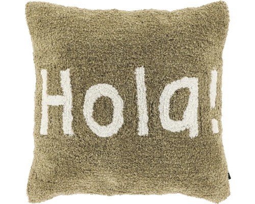 Vierkant olijfgroen sierkussen met harige textuur en witte Hola-tekst.