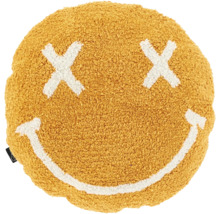 Rond, pluizig sierkussen met smiley-motief, X-ogen en lachende mond.