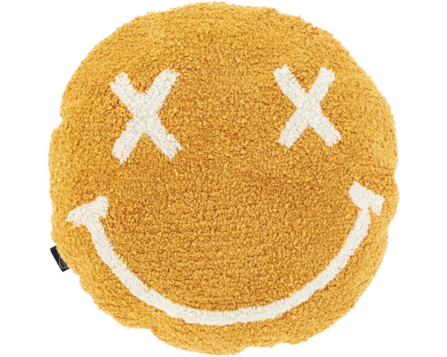 Unique Living Kussen Smile oranje Ø45 cm Rond, pluizig sierkussen met smiley-motief, X-ogen en lachende mond.