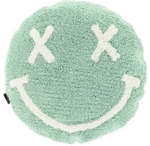 Rond, zacht getuft kussen in mintgroen met wit smiley-gezicht, X-vormige ogen en een brede glimlach.