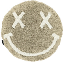 Ronde badmat met smiley-motief en kruisogen, zacht hoogpolig materiaal in beige en wit.