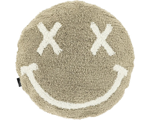 Unique Living Kussen Smile grijs Ø45 cm Ronde badmat met smiley-motief en kruisogen, zacht hoogpolig materiaal in beige en wit.