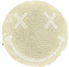 Ronde hoogpolige badmat met een smiley-gezicht met kruisjes als ogen en een lachende mond.