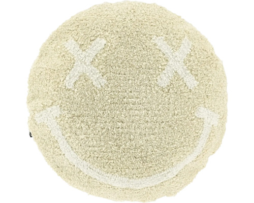 Unique Living Kussen Smile wit Ø45 cm Ronde hoogpolige badmat met een smiley-gezicht met kruisjes als ogen en een lachende mond.