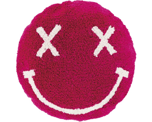 Rond roze badmat met wit smiley-motief, kruisen als ogen en een lachende mond.