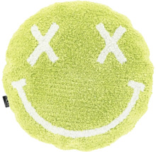 Rond, pluizig groen kussen met een smiley-gezicht, twee witte X-ogen en een witte glimlach.
