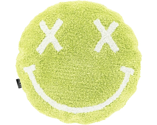 Rond, pluizig groen kussen met een smiley-gezicht, twee witte X-ogen en een witte glimlach.
