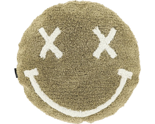 Unique Living Kussen Smile beige Ø45 cm Rond, zacht kussen in zandkleur met een smiley-gezicht bestaande uit twee kruisen als ogen en een glimlachende mond.