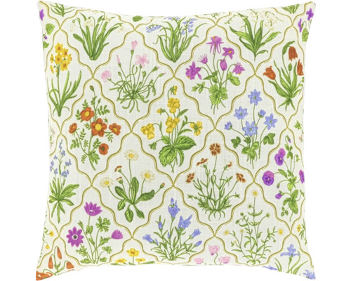 Sierkussen met botanisch bloemenpatroon en goudkleurig ruitpatroon.