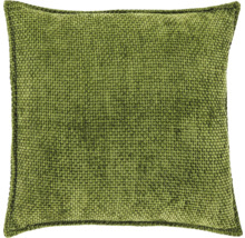 Vierkant sierkussen van grof geweven stof in het groen.