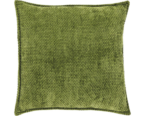 Vierkant sierkussen van grof geweven stof in het groen.