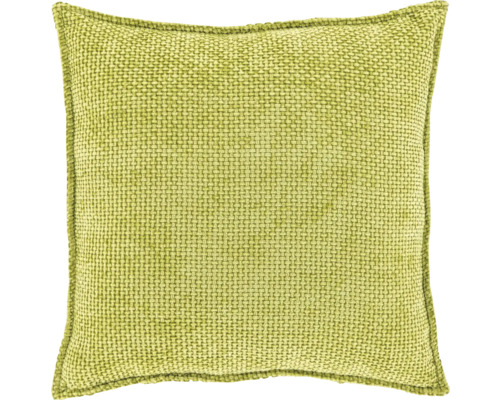 Vierkant, lichtgroen sierkussen met een grove weefstructuur.