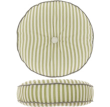 Rond stoelkussen met groen-witte strepen, knoop in het midden en grijze bies.