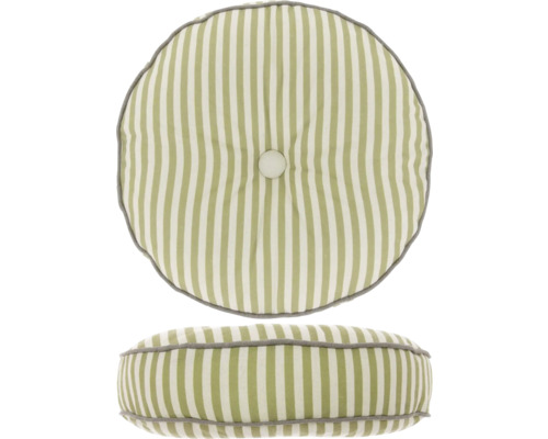 Unique Living Kussen Sandro groen Ø45 cm Rond stoelkussen met groen-witte strepen, knoop in het midden en grijze bies.