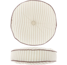 Rond sierkussen met streeppatroon, knoop in het midden en bies.