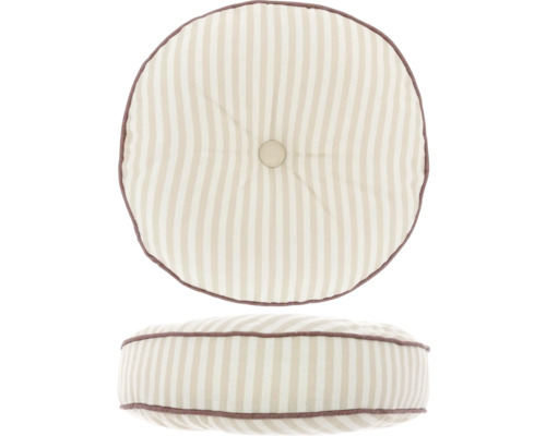 Rond sierkussen met streeppatroon, knoop in het midden en bies.