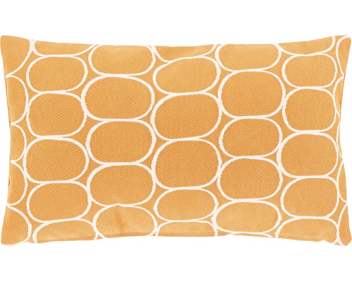 Rechthoekig sierkussen met wit geometrisch patroon van ovale vormen op mosterdgele stof.