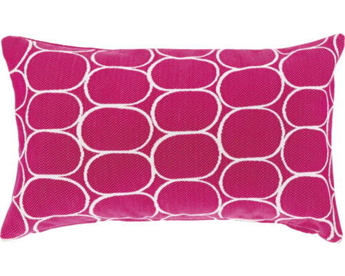 Rechthoekig sierkussen in roze met wit geometrisch ovaalpatroon.