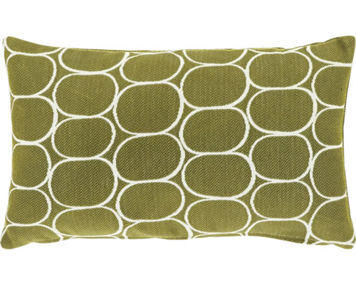 Sierkussen met grafisch patroon van witte ovalen op groene stof, rechthoekig.