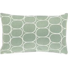 Rechthoekig sierkussen met geweven geometrisch patroon van witte ovalen op een groene achtergrond.