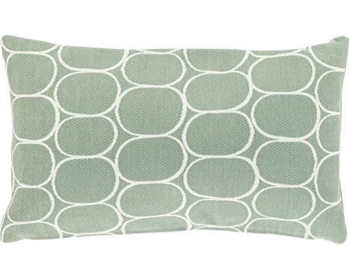 Rechthoekig sierkussen met geweven geometrisch patroon van witte ovalen op een groene achtergrond.