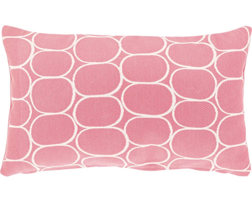 Rechthoekig roze sierkussen met wit geometrisch patroon van ovalen.