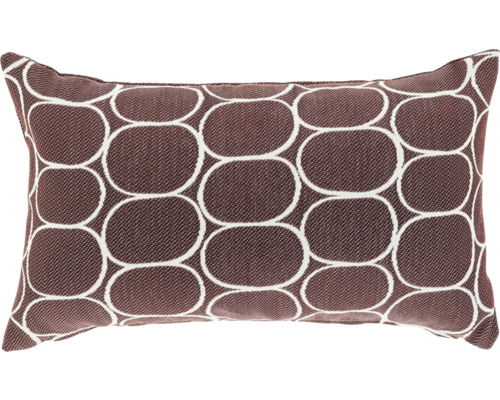 Rechthoekig sierkussen in donkerbruin met geometrisch wit ovaalpatroon en geweven textuur.