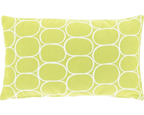 Rechthoekig sierkussen met wit ovaal geometrisch patroon op een groene achtergrond.