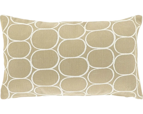 Rechthoekig beige sierkussen met wit geometrisch ovaal patroon.