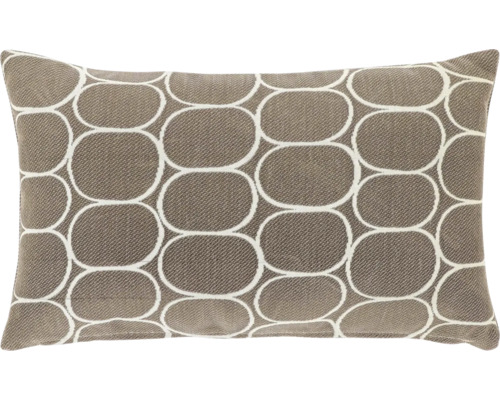 Rechthoekig sierkussen met een geometrisch patroon van verbonden ovalen op een geweven stof met textuur.