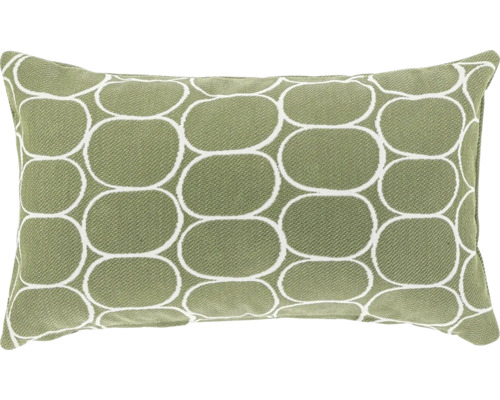 Rechthoekig sierkussen van groene stof met een wit geometrisch patroon van ovalen.