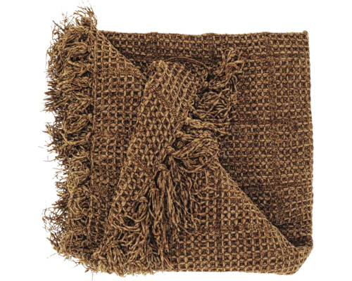 Woondeken met wafelstructuur en franjes in bruin.