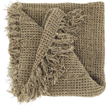 Woondeken in taupe met wafelstructuur en franjes.