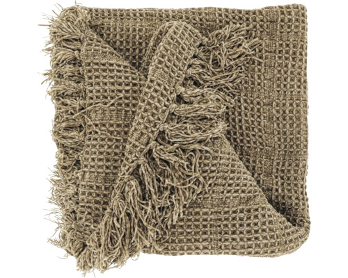 Woondeken in taupe met wafelstructuur en franjes.