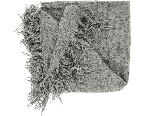 Gevouwen grijze woondeken met een gestructureerd bouclé-oppervlak en lange franjes.