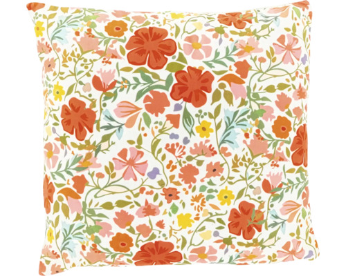 Vierkant sierkussen met een kleurrijk bloemenpatroon van diverse bloemen en bladeren.