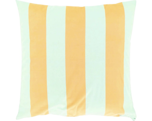 Vierkant sierkussen met brede verticale strepen in mintgroen en geel.