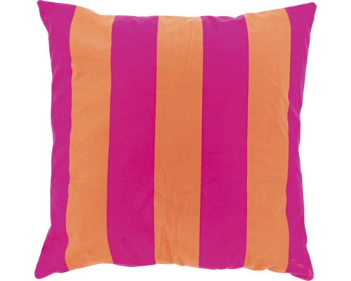 Vierkant sierkussen met brede verticale strepen in roze en oranje.