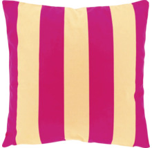 Vierkant sierkussen met roze en beige verticale strepen.