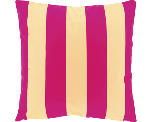 Vierkant sierkussen met roze en beige verticale strepen.