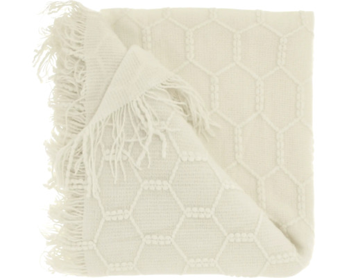 Geweven plaid met hexagonaal honingraatpatroon en franjes.