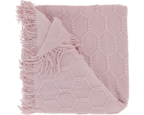 Roze plaid met decoratief honingraatpatroon en franjes.