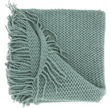Grof gebreid groen plaid met decoratieve franjes.