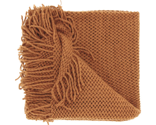 Grofgebreid plaid in roestbruin met franjes.