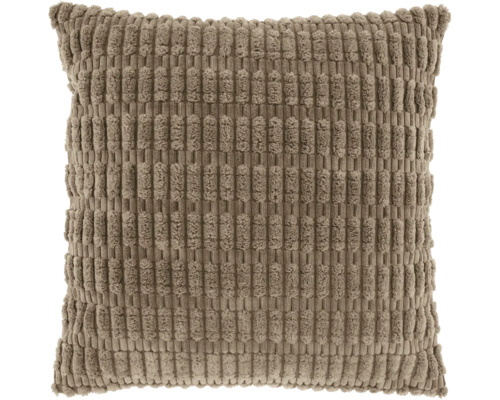 Vierkant sierkussen in taupe met gestructureerd oppervlak.