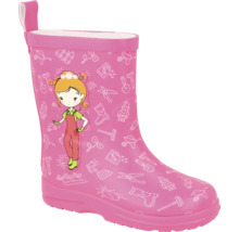 Kinderregenlaars roze met witte tuinmotieven en een meisjesfiguur.
