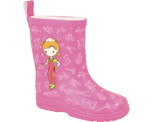 Kinderregenlaars roze met witte tuinmotieven en een meisjesfiguur.