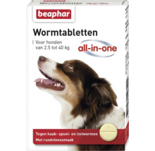 Beaphar Wormtabletten all-in-one voor honden van 2.5 tot 40 kilogram tegen haak-, spoel- en lintwormen met rundvleessmaak.