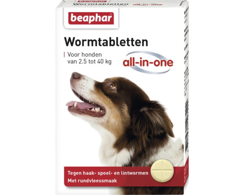 Beaphar Wormtabletten all-in-one voor honden van 2.5 tot 40 kilogram tegen haak-, spoel- en lintwormen met rundvleessmaak.