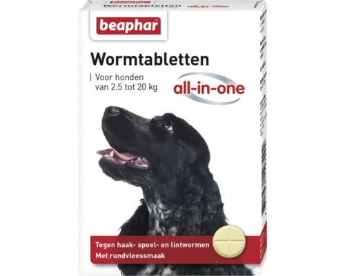 Beaphar Wormtabletten all-in-one voor honden van 2,5 tot 20 kg tegen haak-, spoel- en lintwormen met rundvleessmaak.